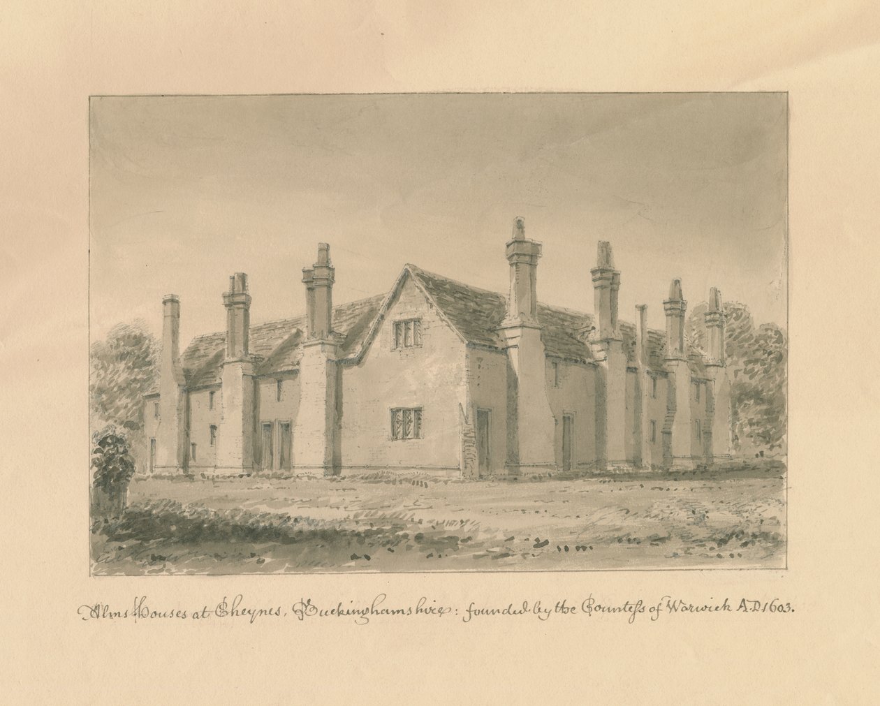 Buckinghamshire - Chenies Hall - Sadaka Evleri: sepya çizimi, 1824 by John Buckler