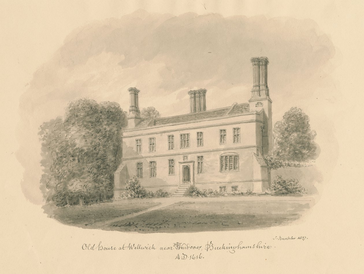 Buckinghamshire - Wellwick - Eski Ev: sepya çizimi vinyetli, 1837 by John Buckler