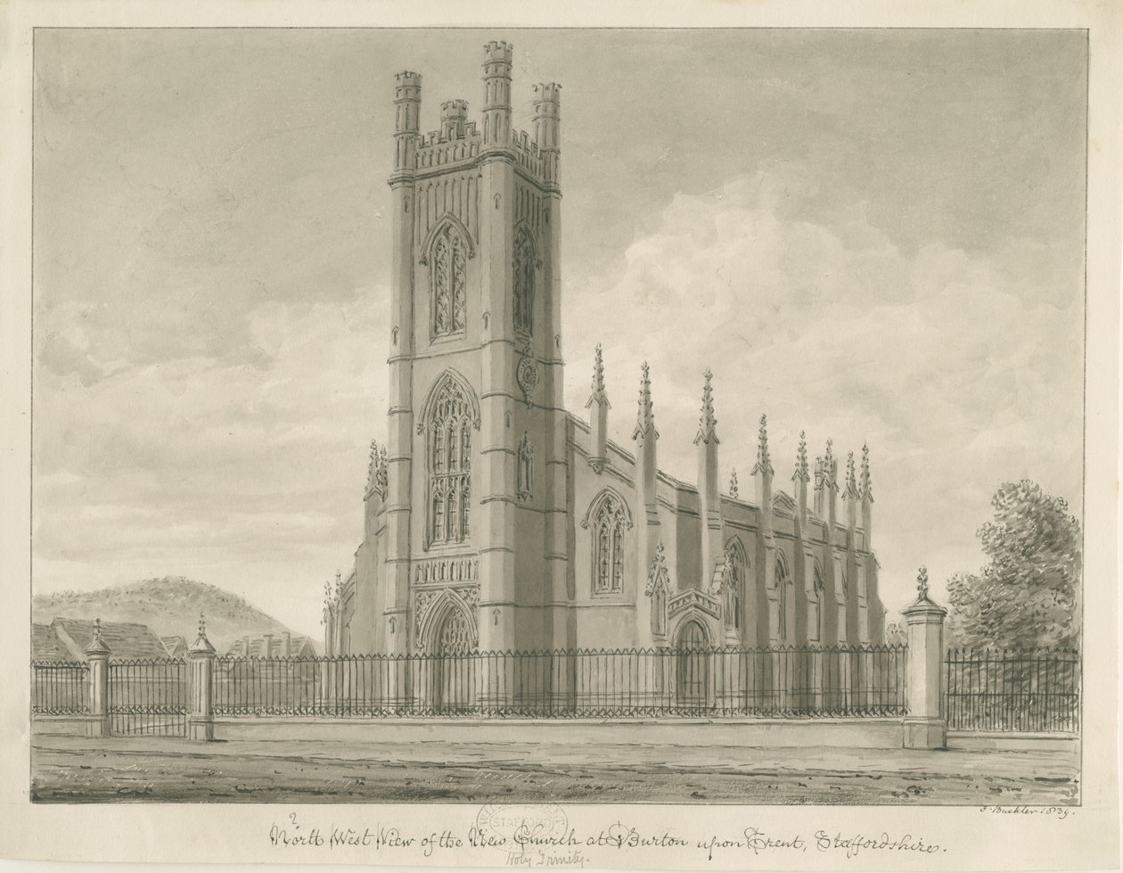 Burton-upon-Trent - Holy Trinity Kilisesi: sepya çizimi, 1839 by John Buckler