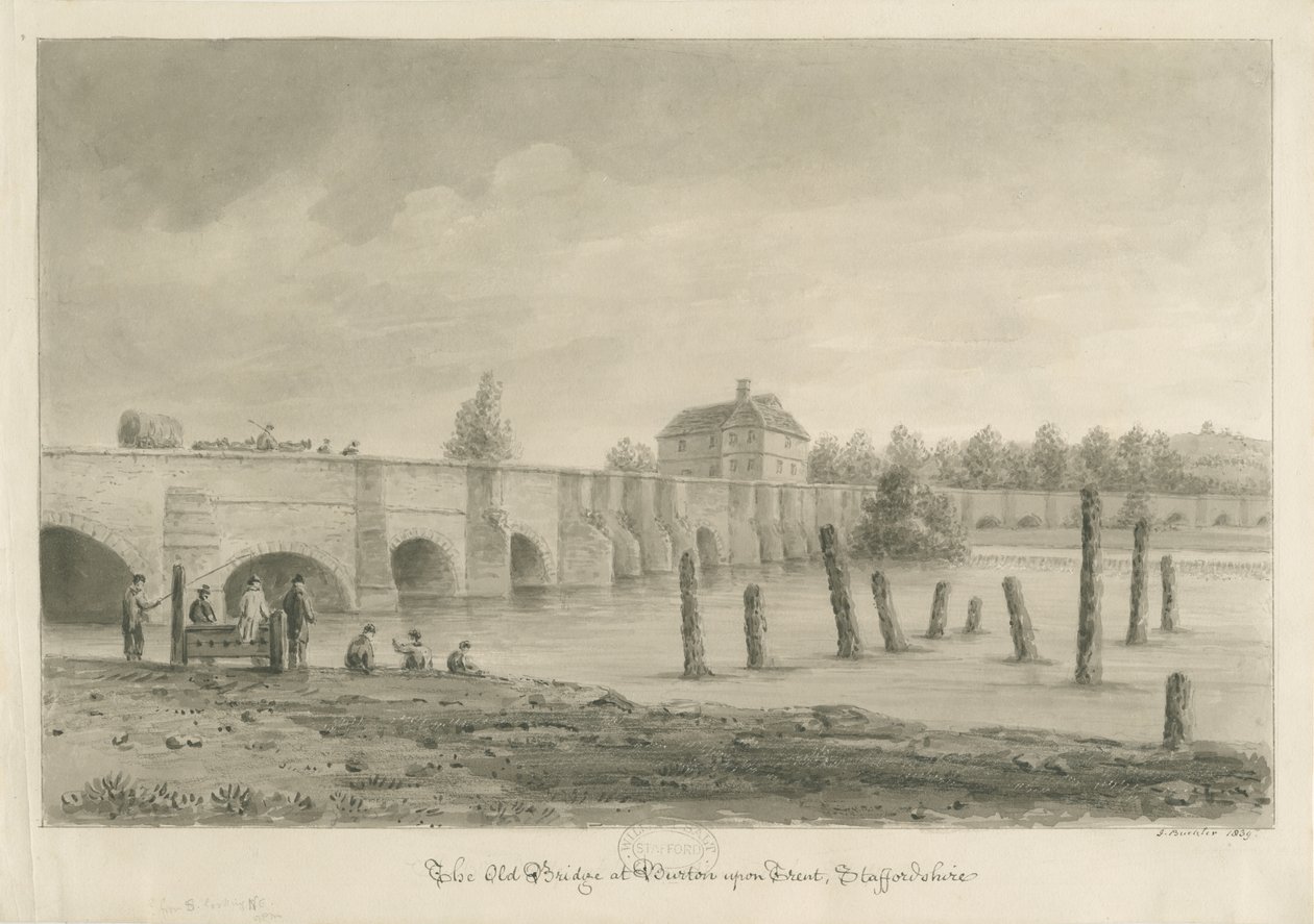 Burton-upon-Trent Köprüsü ve Kasabası: sepya çizimi, 1839 by John Buckler