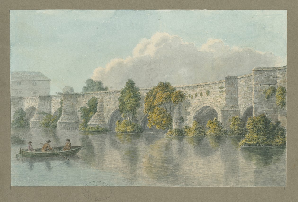 Burton-upon-Trent Köprüsü ve Kasabası: sulu boya ve [?18. yüzyıl] by John Buckler