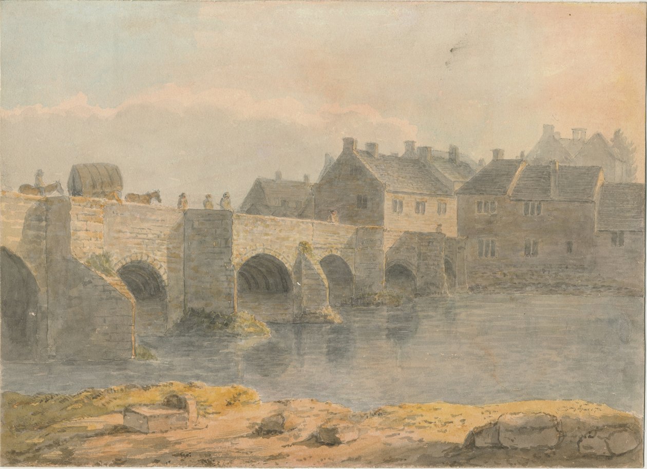 Burton-upon-Trent Köprüsü ve Kasabası: sulu boya ve [?18. yüzyıl] by John Buckler