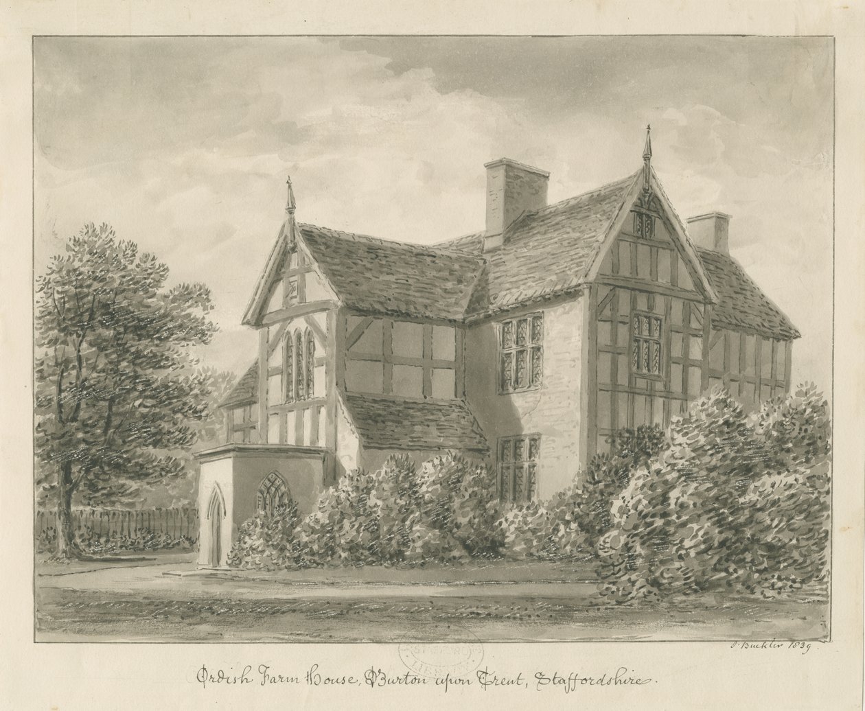 Burton-upon-Trent: Ordish Çiftlik Evi: sepya çizimi, 1839 by John Buckler