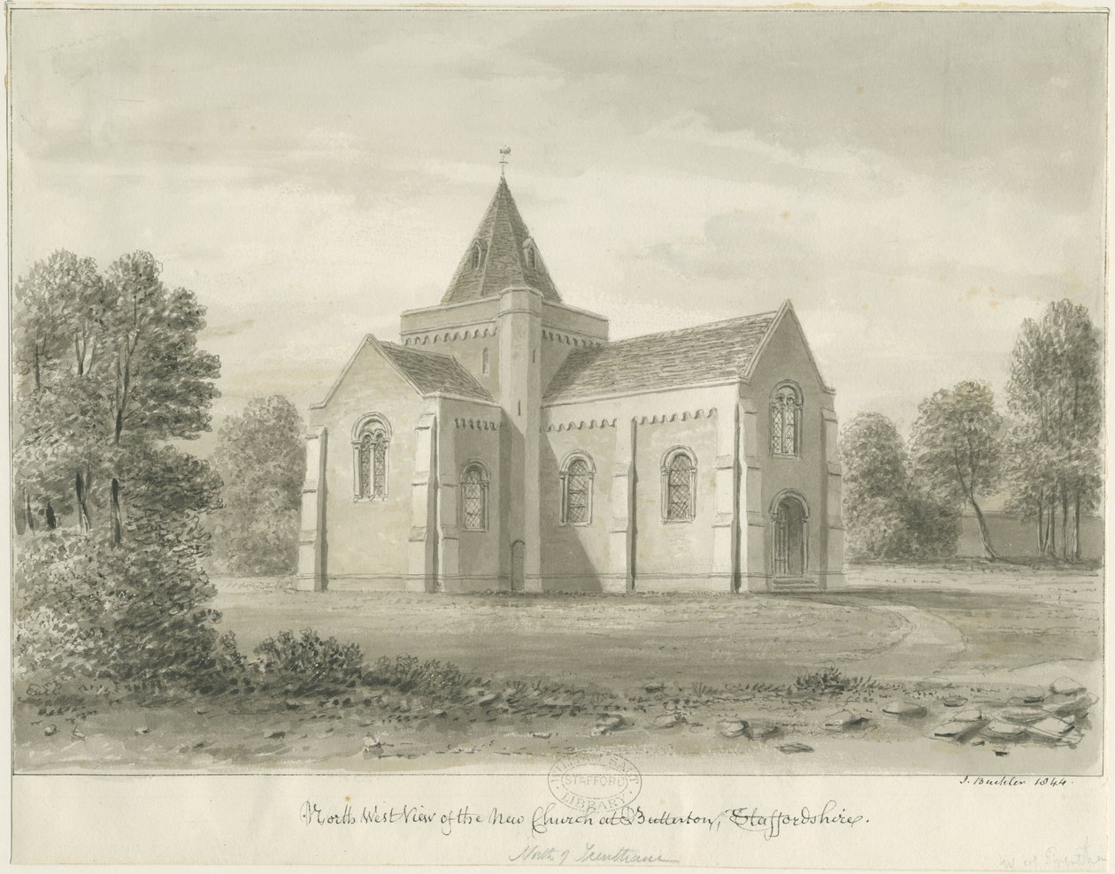 Butterton - St. Thomas" Kilisesi: sepya çizimi, 1844 by John Buckler
