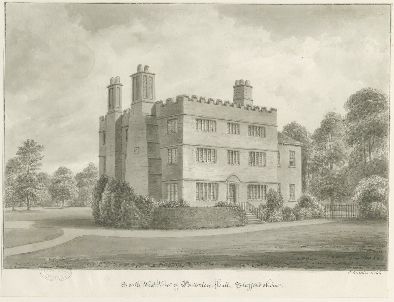Butterton Hall: sepya çizimi, 1844 by John Buckler