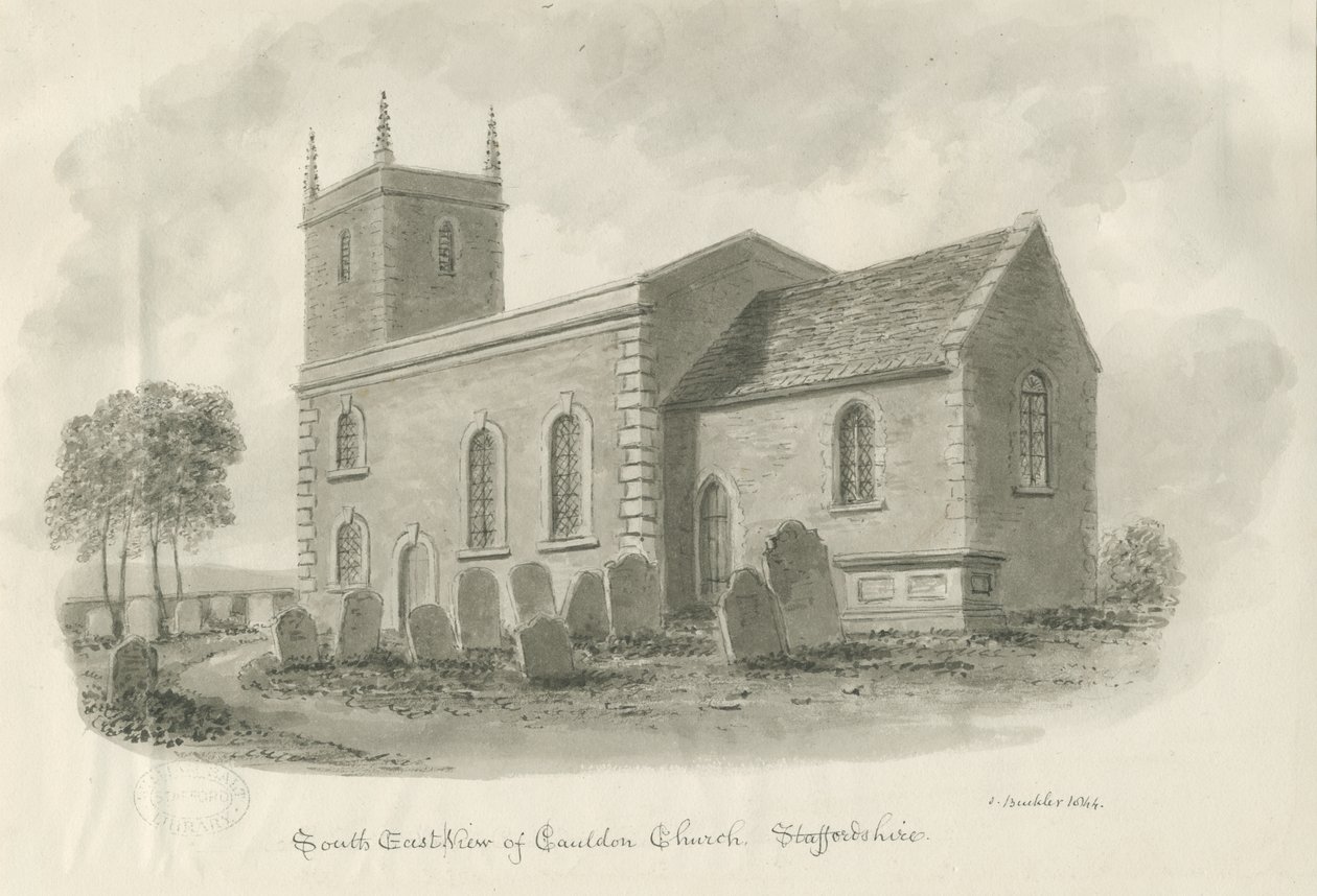 Cauldon Kilisesi: sepya çizimi, 1844 by John Buckler