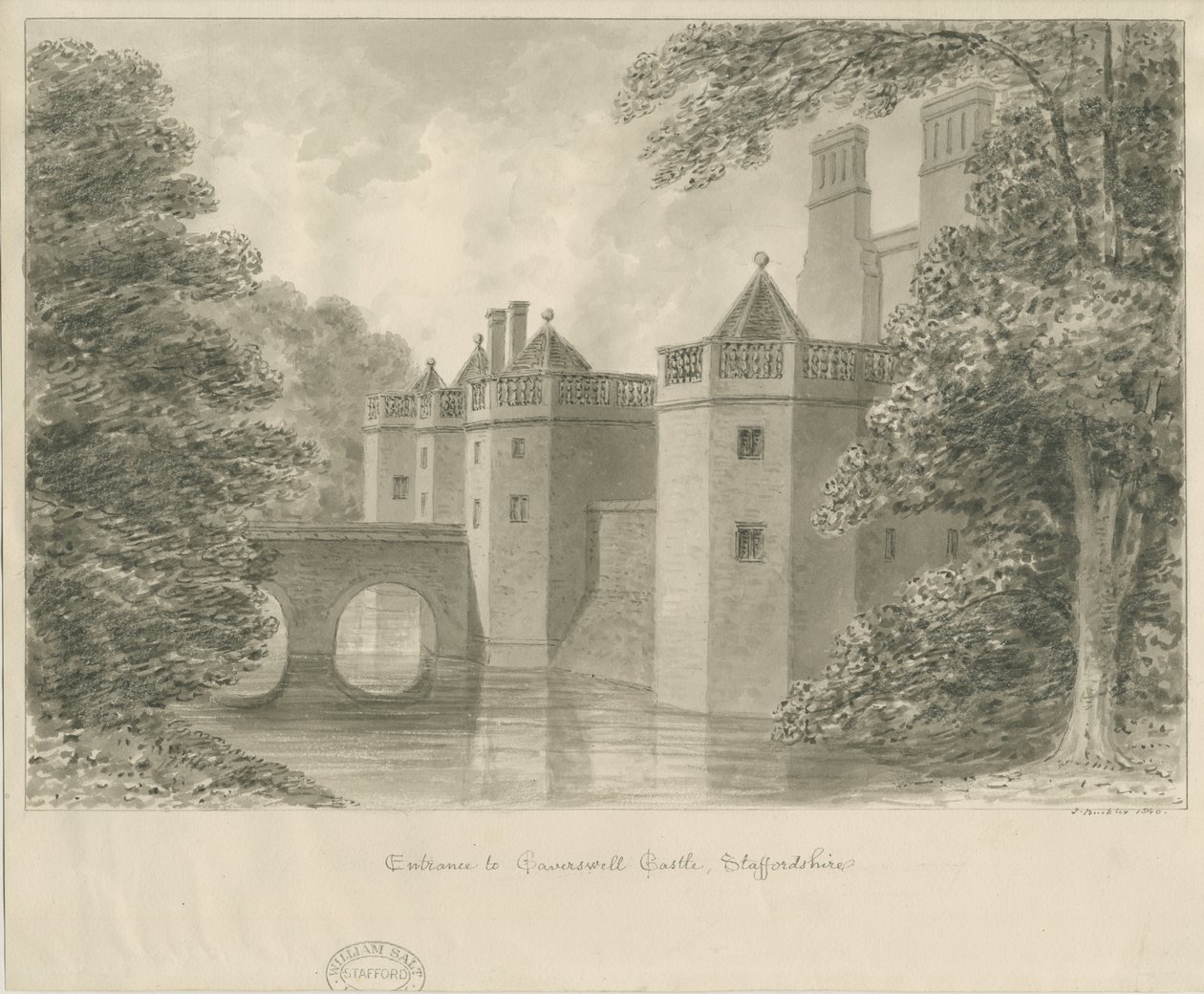 Caverswall Kalesi: sepya çizimi, 1840 by John Buckler