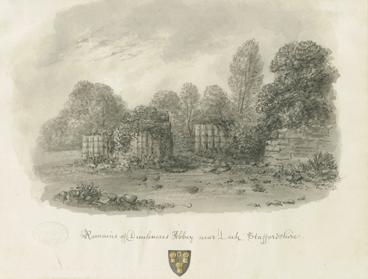 Dieulacres Manastırı: sepya yıkama çizimi, 1847 by John Buckler