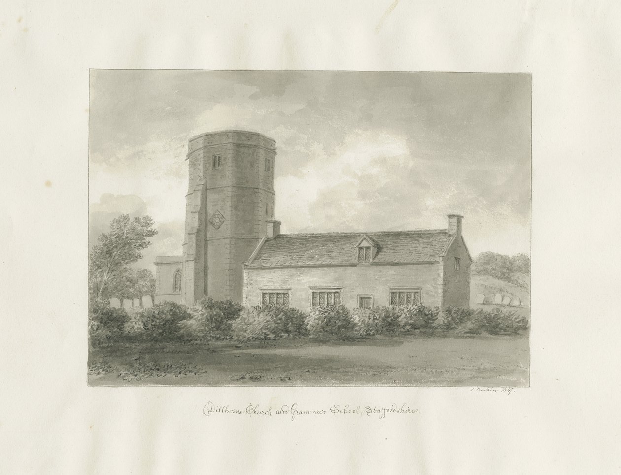 Dilhorne - Kilise ve Gramer Okulu: sepya çizimi by John Buckler