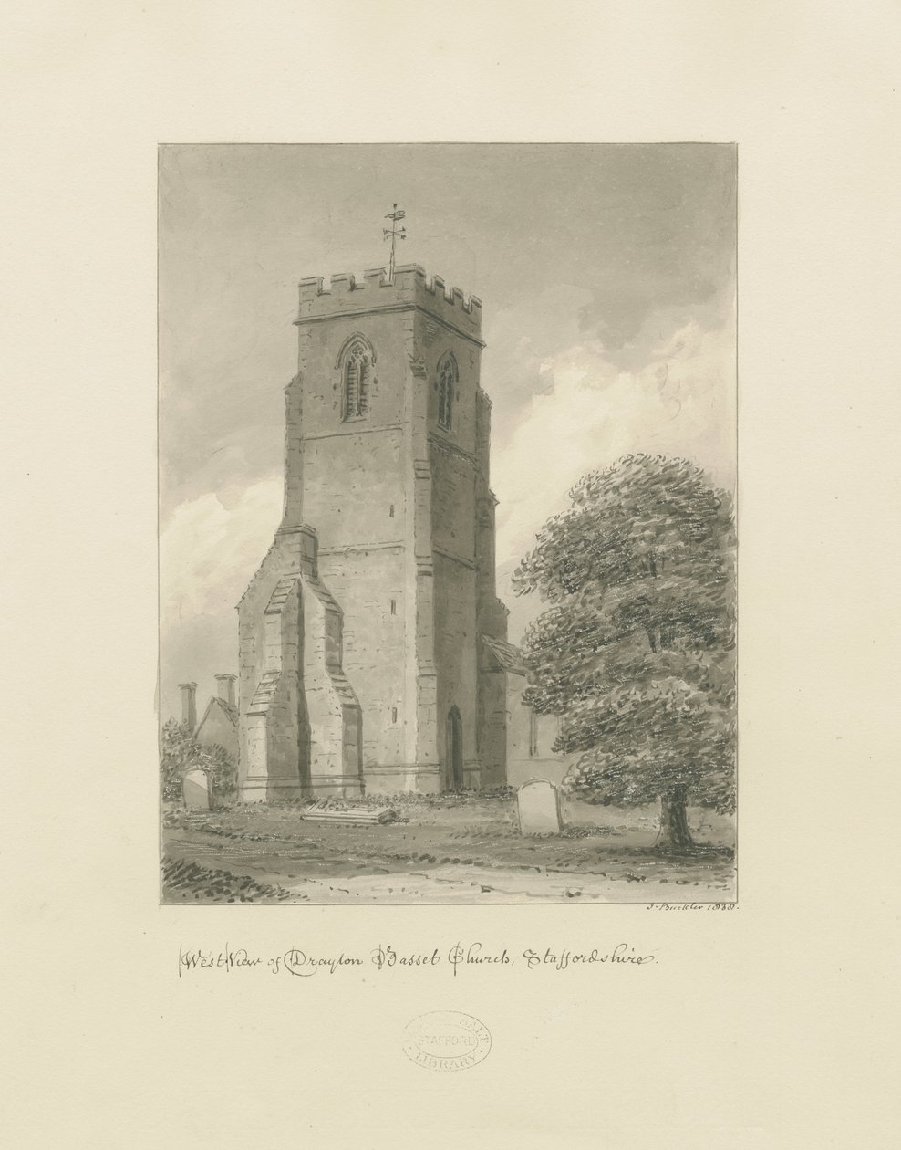 Drayton Bassett Kilisesi: sepya çizimi, 1838 by John Buckler