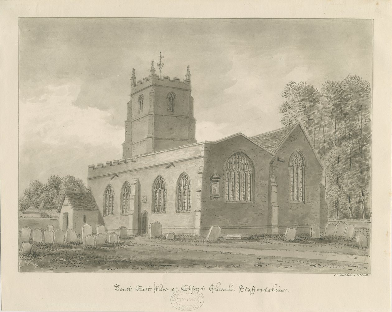 Elford Kilisesi: sepya çizimi, 1838 by John Buckler