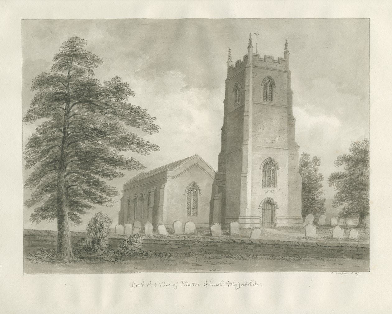 Ellastone Kilisesi: sepya çizimi, 1847 by John Buckler