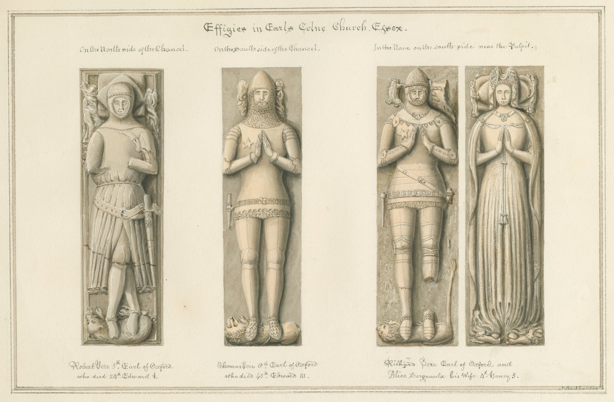 Essex - Earls Colne Kilisesi - Effigies: sepya çizimi, 1824 by John Buckler