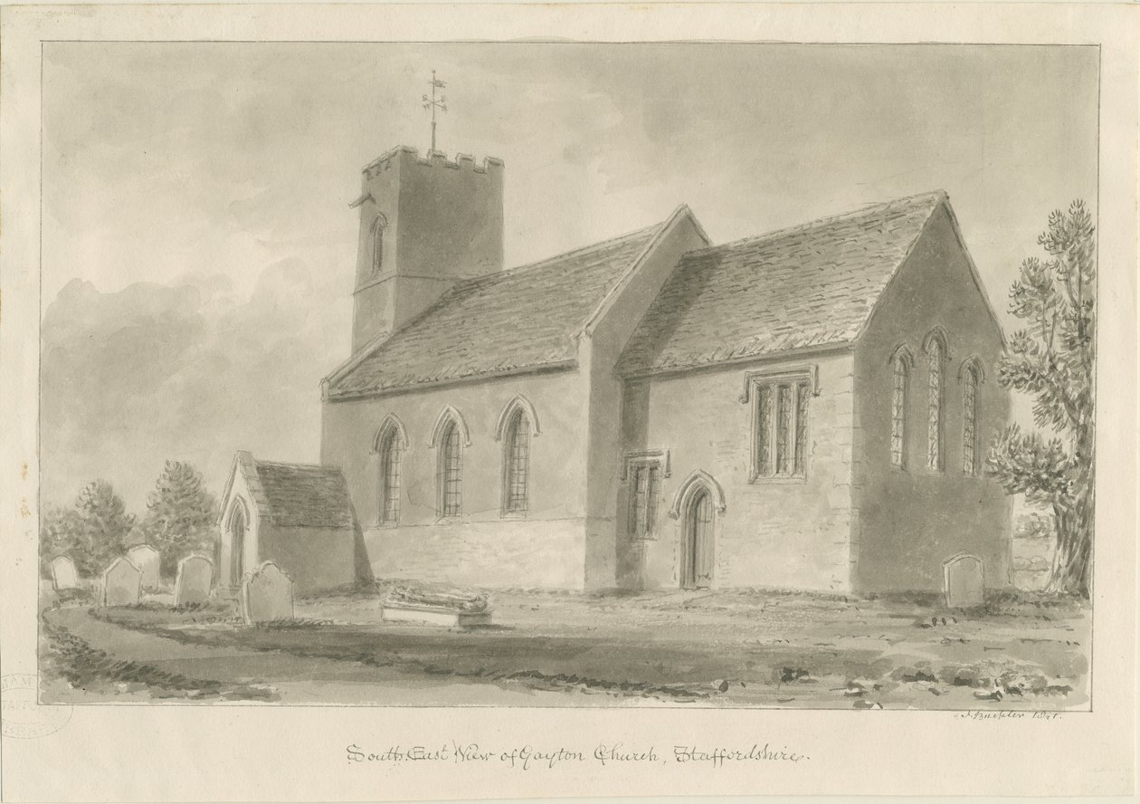Gayton Kilisesi: sepya çizimi, 1841 by John Buckler