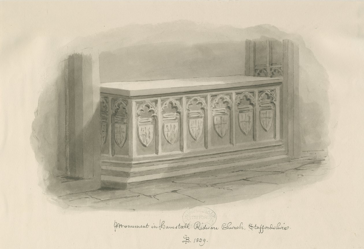 Hamstall Ridware Kilisesi - Anıt: sepya yıkama çizimi, 1839 by John Buckler