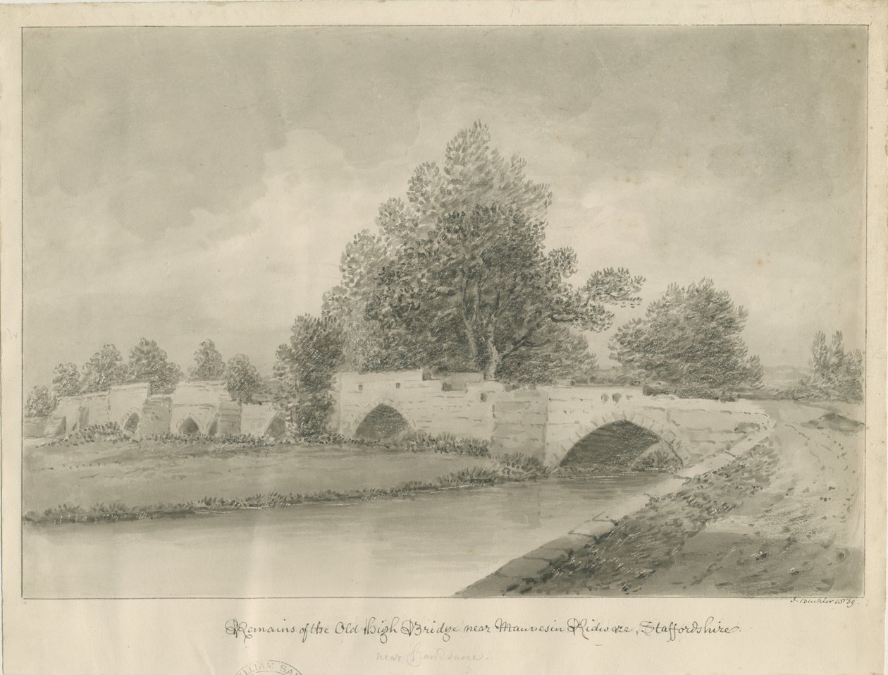 Handsacre - Eski Yüksek Köprü: sepya çizimi, 1839 by John Buckler