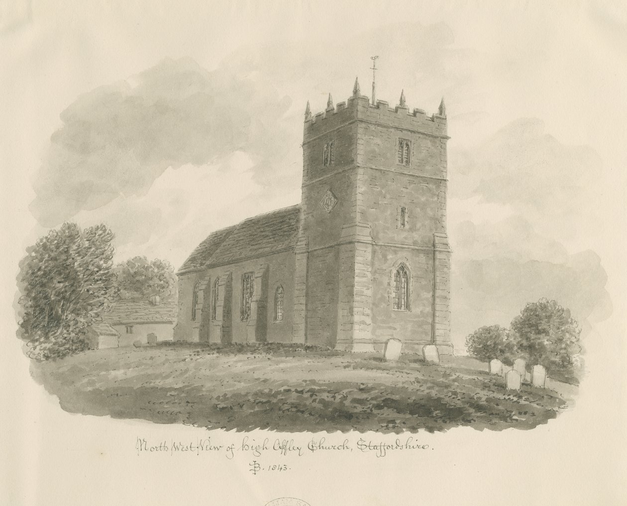 High Offley Kilisesi: sepya çizimi, 1843 by John Buckler