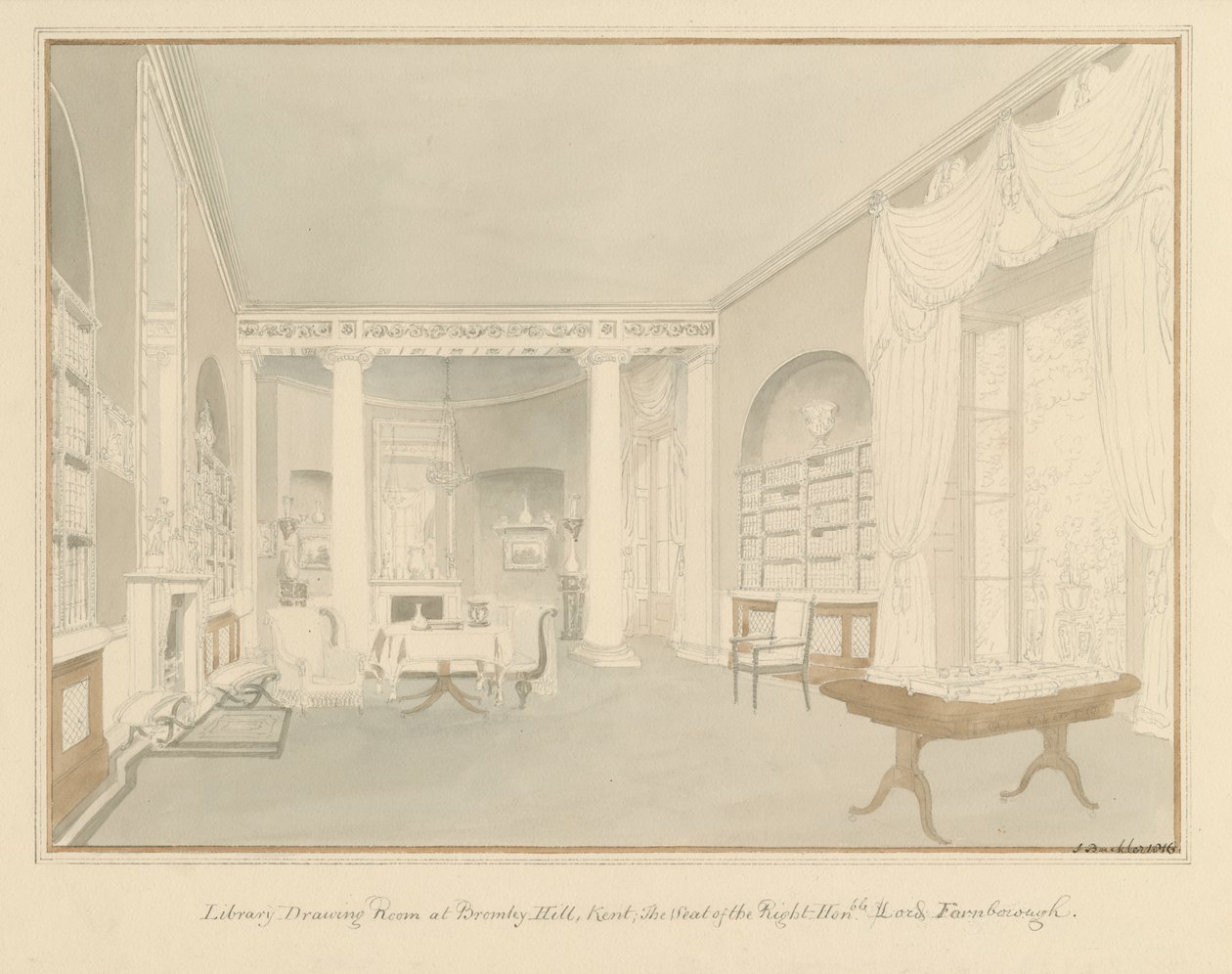 Kent - Bromley Hill - Kütüphane Çizim Odasının İçi, 1816 by John Buckler
