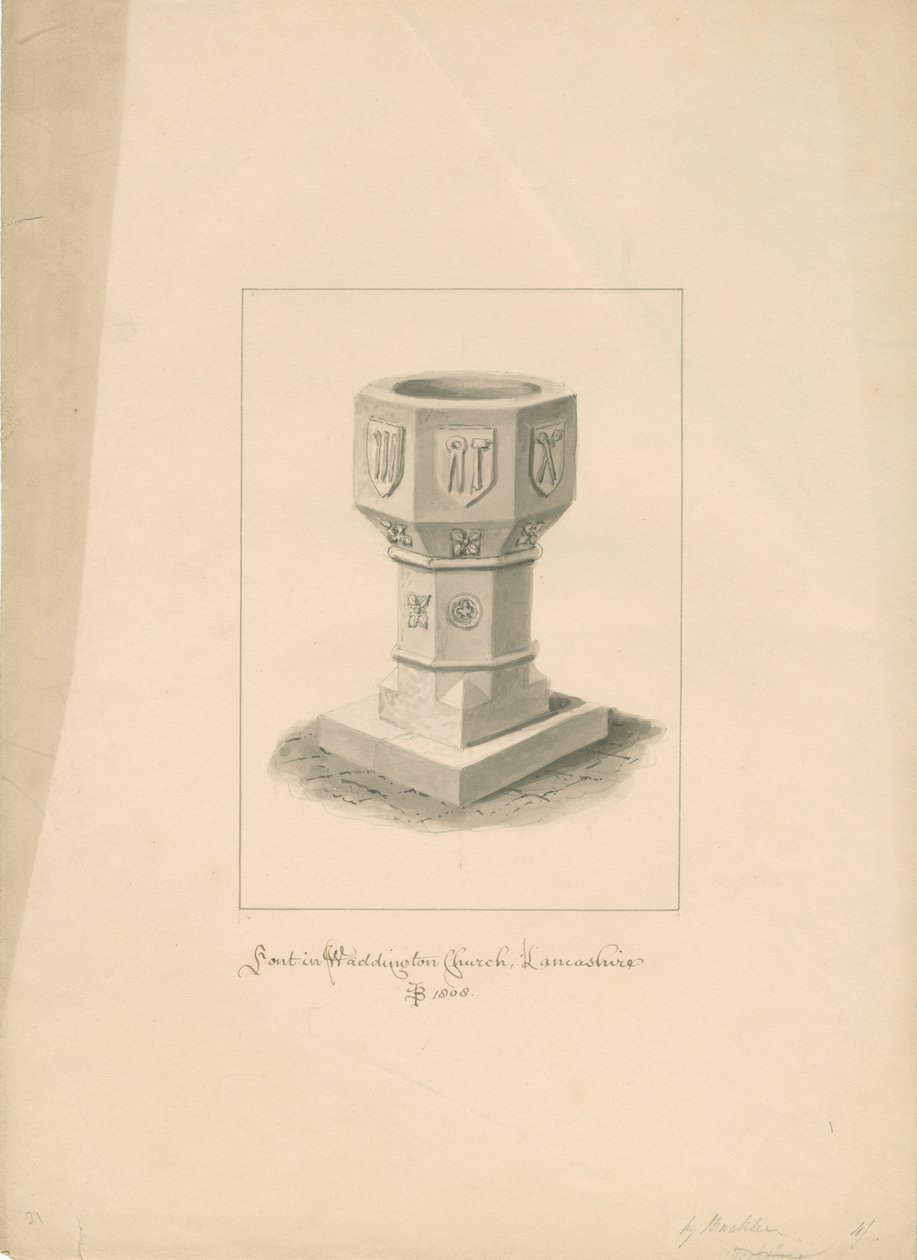 Lancashire - Waddington Kilisesi - Yazı tipi: sepya çizimi, 1808 by John Buckler
