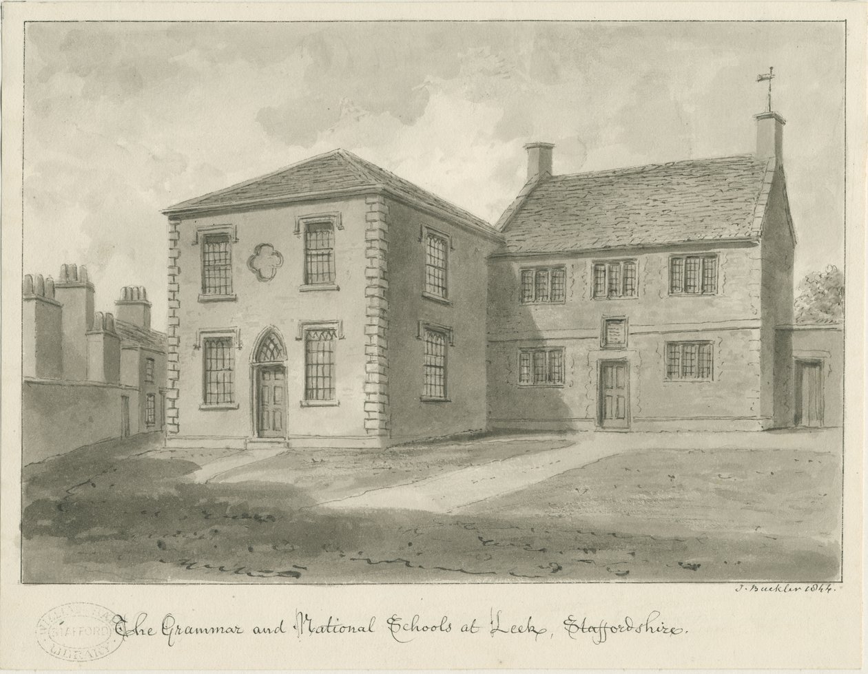 Leek Town - Gramer Okulu: sepya çizimi, 1844 by John Buckler