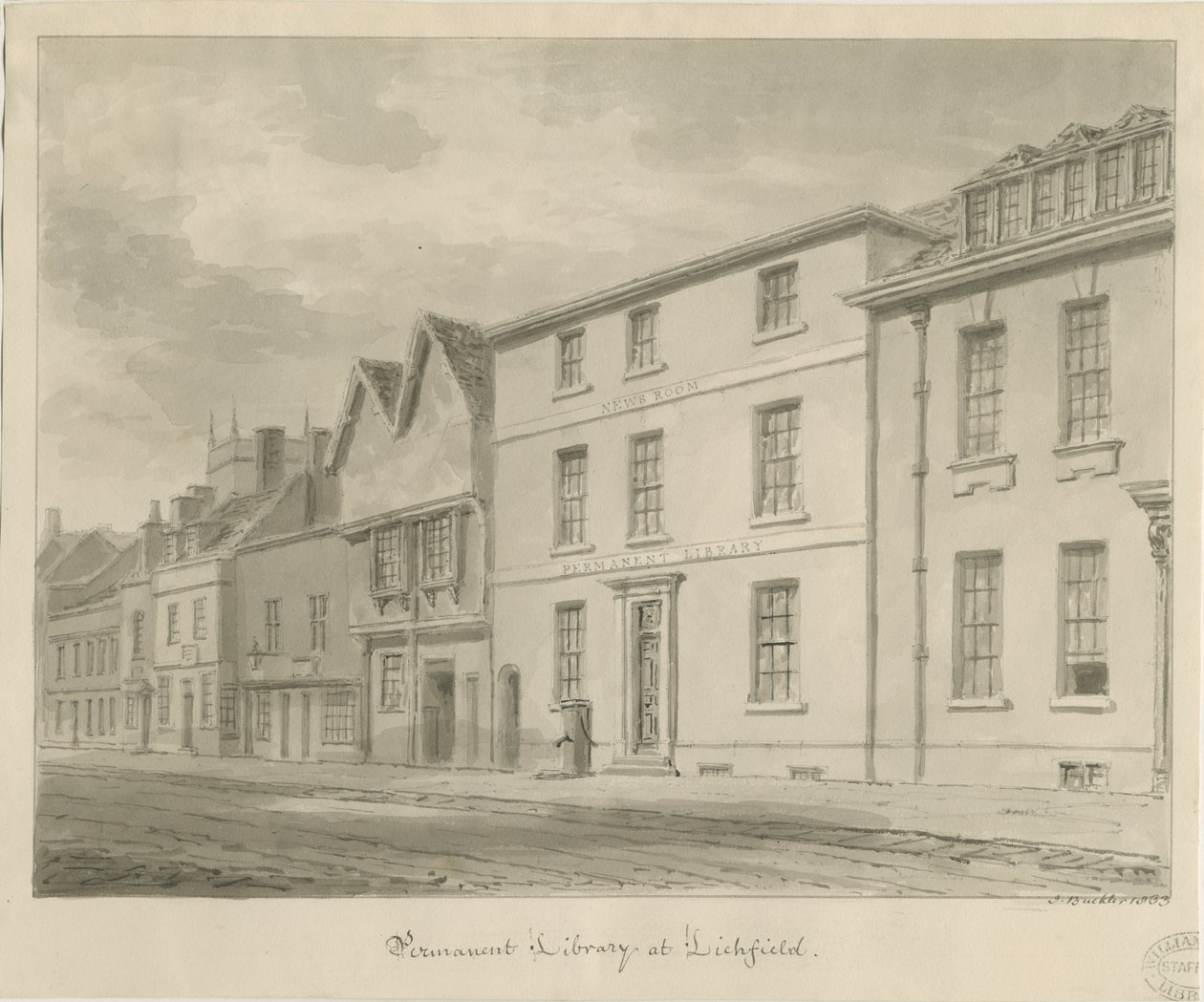 Lichfield - Kütüphane: sepya çizimi, 1833 by John Buckler