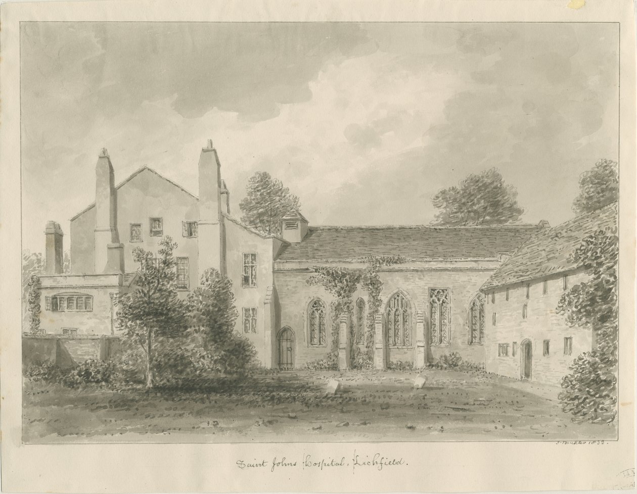 Lichfield - St. John Hastanesi ve Şapeli: sepya çizimi by John Buckler