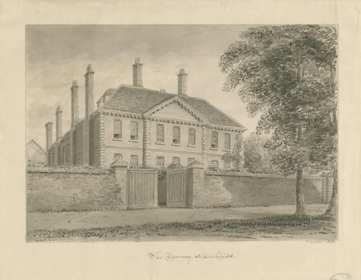 Lichfield - The Deanery in The Close: sepya çizimi, 1838 by John Buckler
