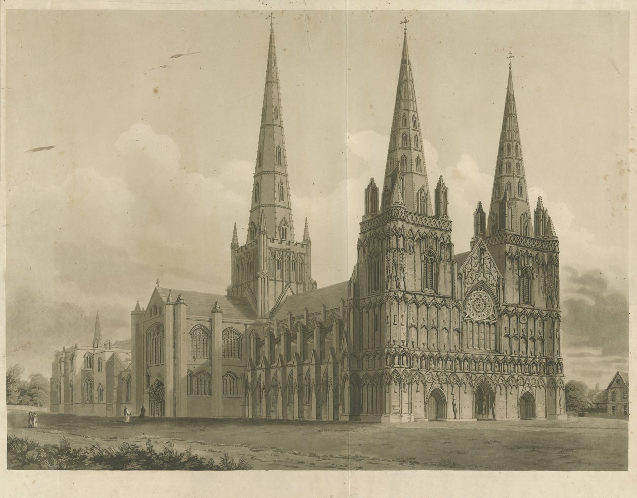 Lichfield Katedrali - Kuzey Batı Görünümü: aquatint gravür, nd [1807] by John Buckler