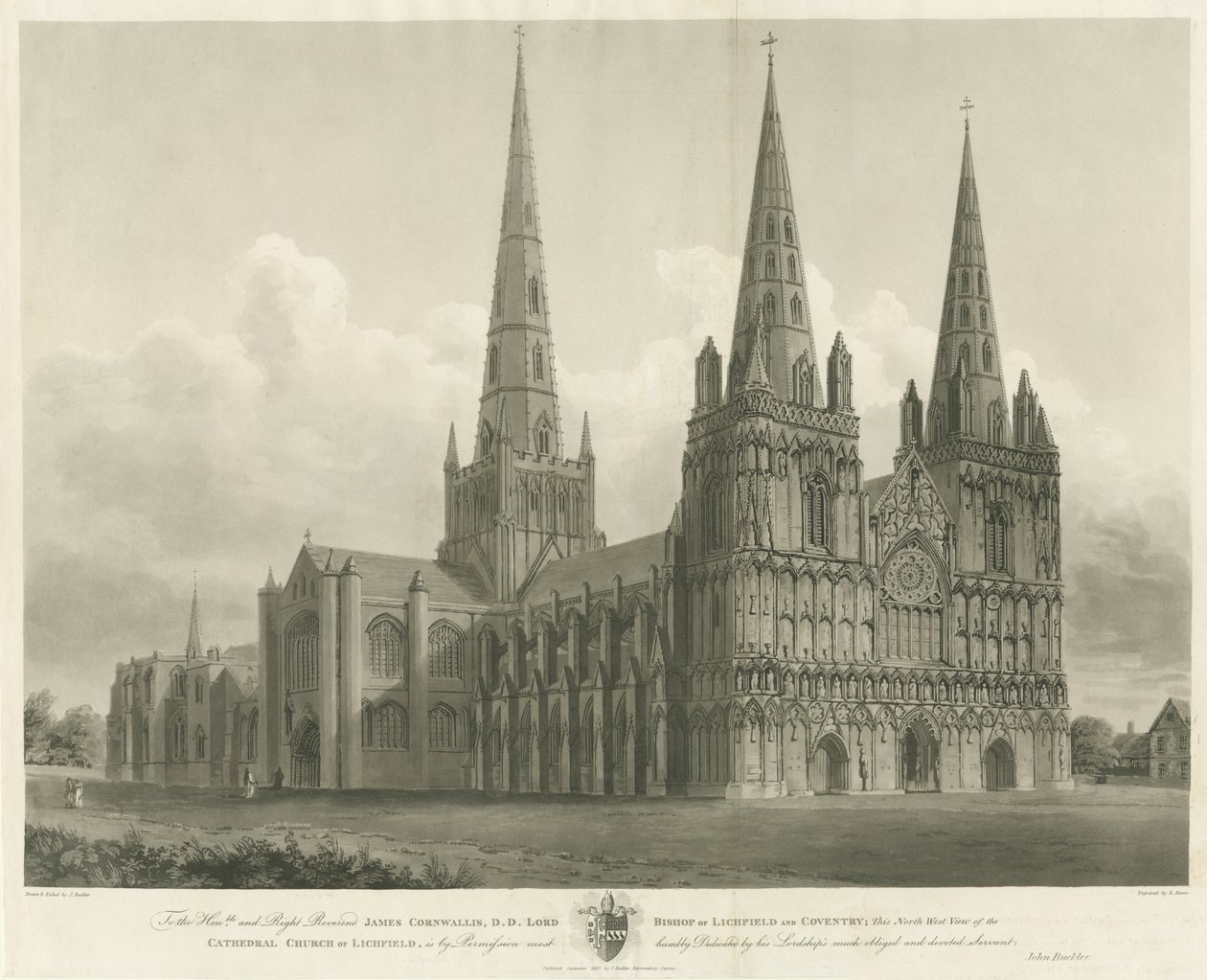 Lichfield Katedrali - Kuzey Batı Görünümü: gravür, [1807] by John Buckler