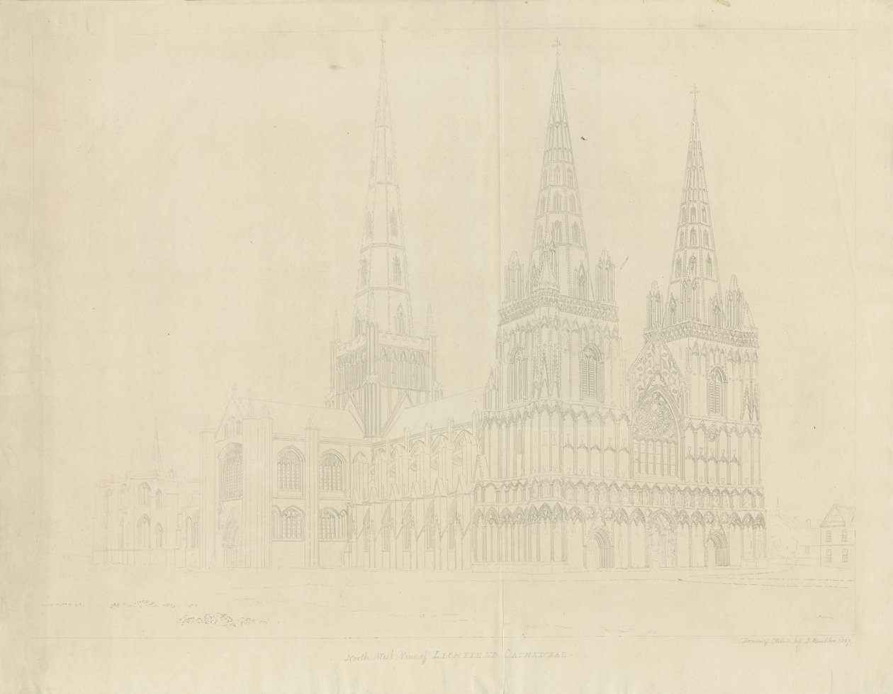 Lichfield Katedrali - Kuzey Batı Görünümü: gravür, 1807 by John Buckler