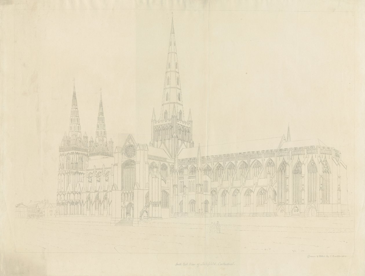 Lichfield Katedrali - Güney Doğu Görünümü: anahat gravür, nd [1808] by John Buckler