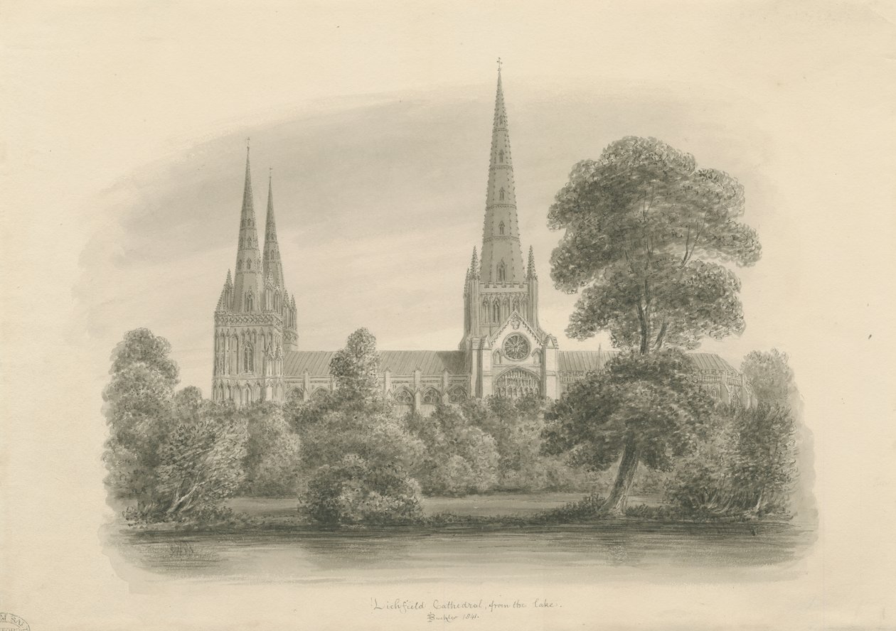 Lichfield Katedrali - Güney Görünümü: sepya çizimi, 1841 by John Buckler