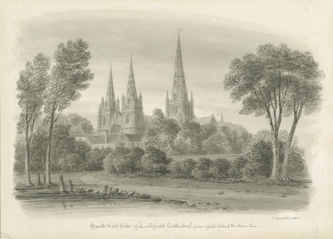 Lichfield Katedrali - Güney Batı Görünümü: sepya çizimi by John Buckler
