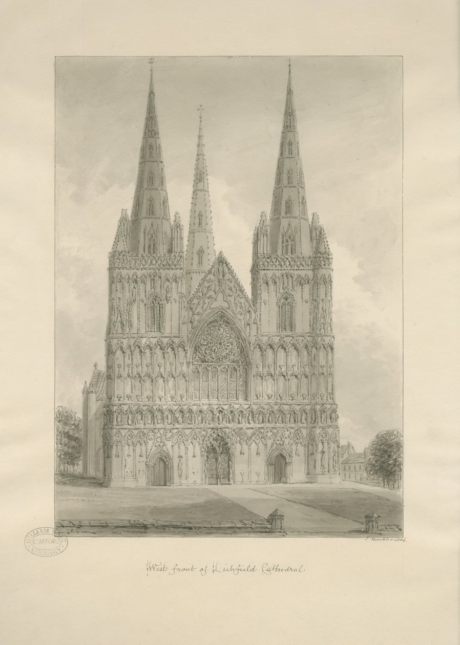 Lichfield Katedrali - Batı Cephesi: sepya çizimi, 1806 by John Buckler
