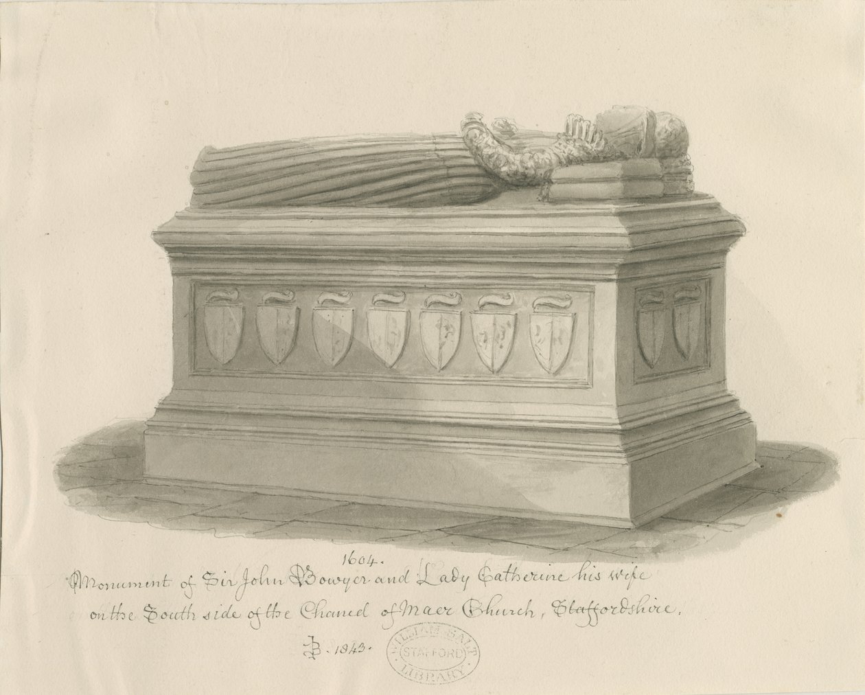 Maer Kilisesi - Sir John Bowyer ve Lady Catherine Anıtı: sepya yıkama çizimi, 1843 by John Buckler