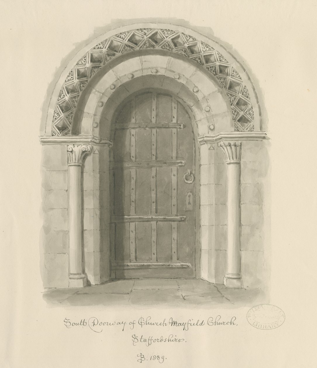 Mayfield Kilisesi - Güney Kapısı: sepya yıkama çizimi, 1839 by John Buckler