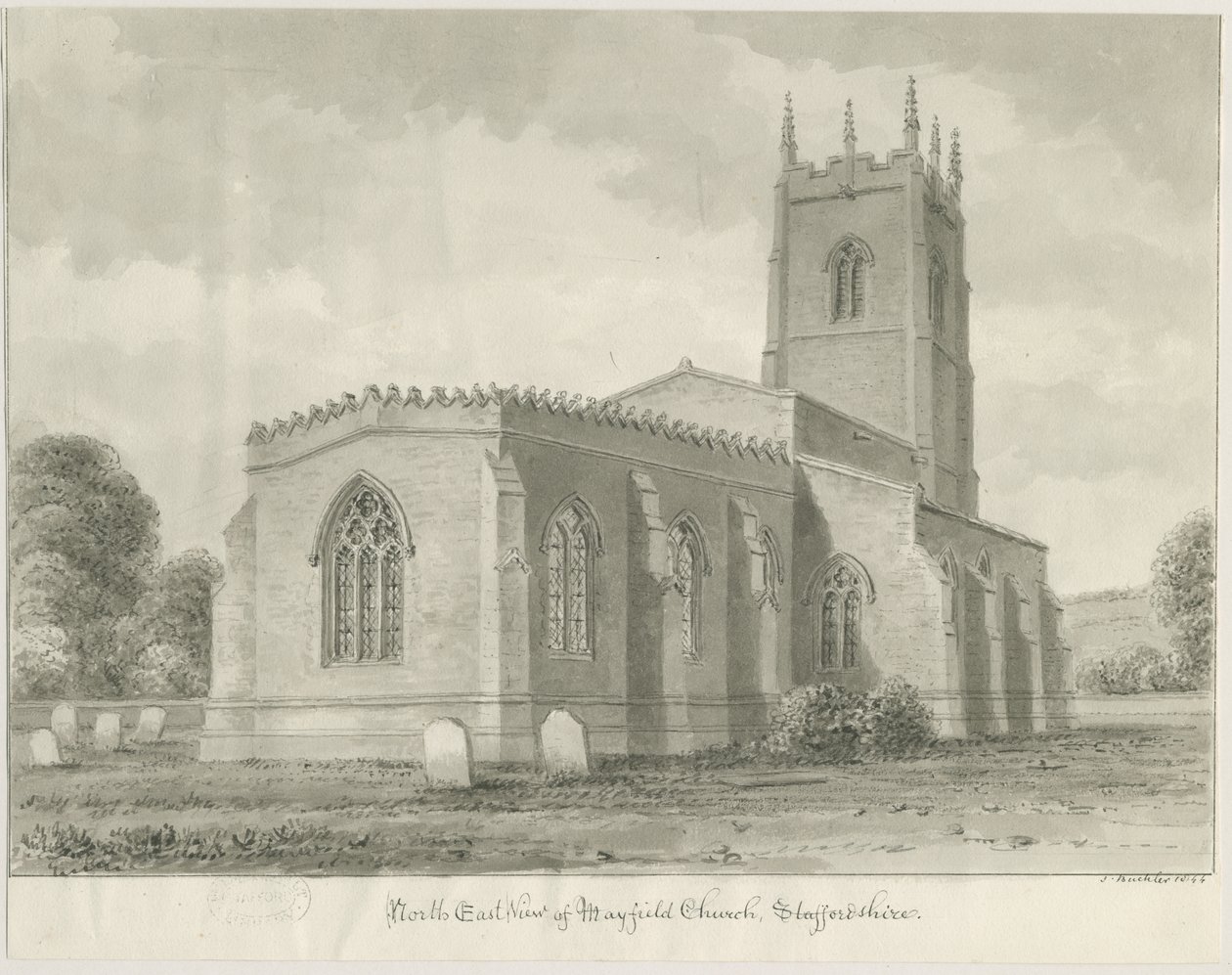 Mayfield Kilisesi: sepya çizimi, 1844 by John Buckler