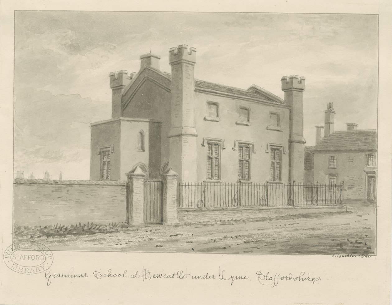 Newcastle-under-Lyme - Gramer Okulu: sepya yıkama çizimi, 1840 by John Buckler