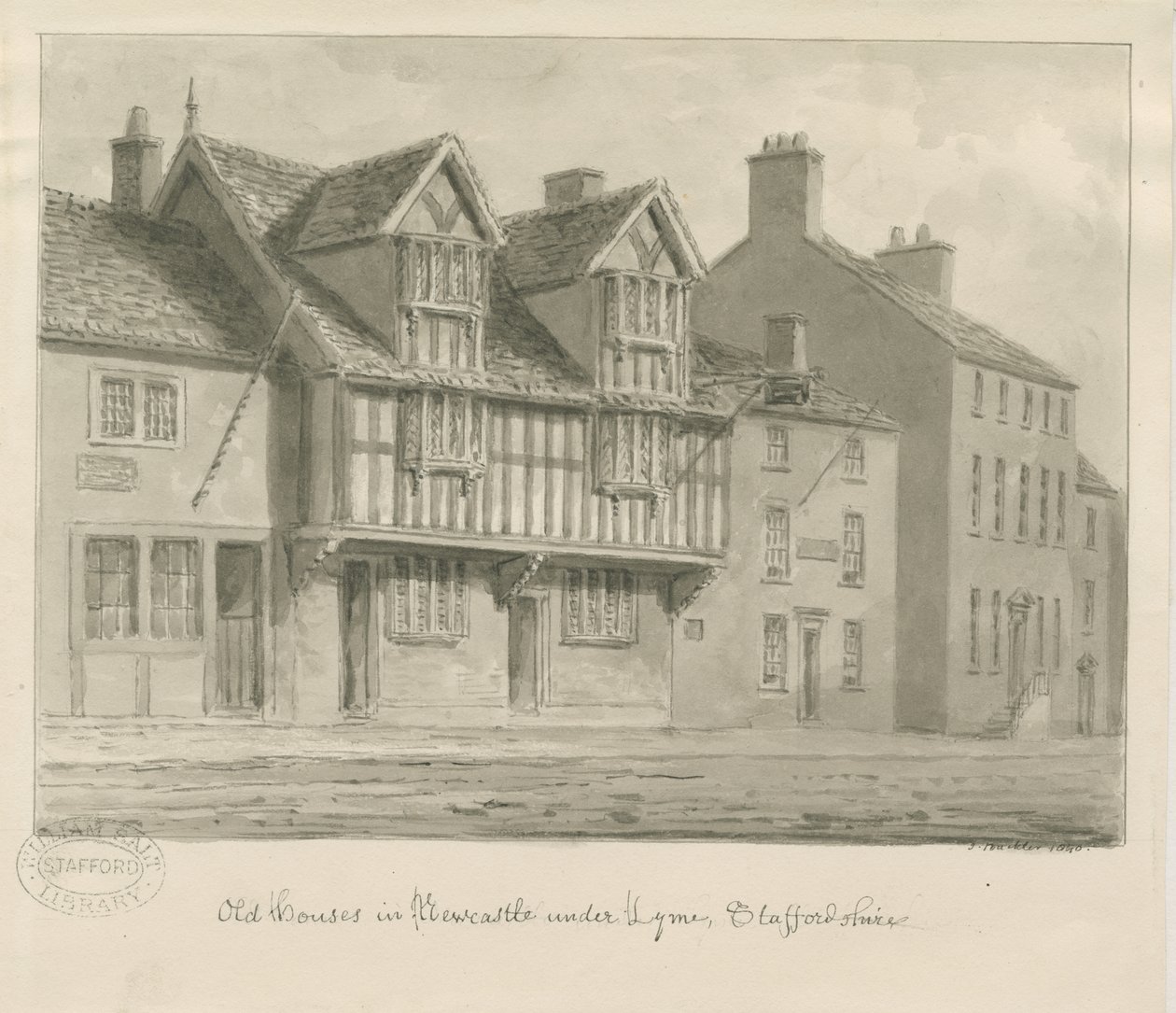 Newcastle-under-Lyme - Eski Evler: sepya çizimi, 1840 by John Buckler