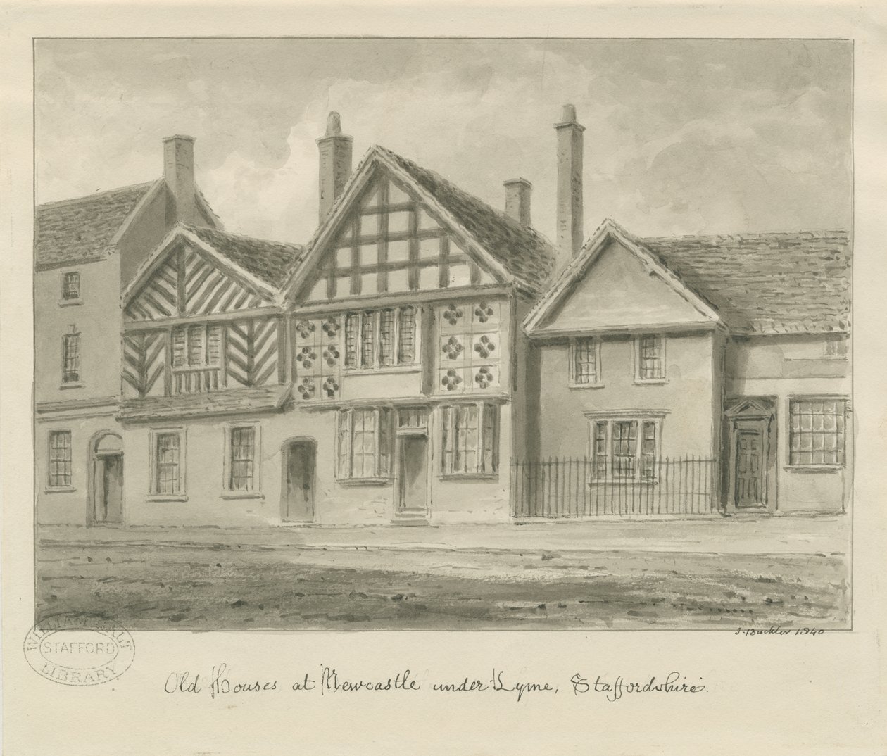 Newcastle-under-Lyme - Eski Evler: sepya çizimi, 1840 by John Buckler