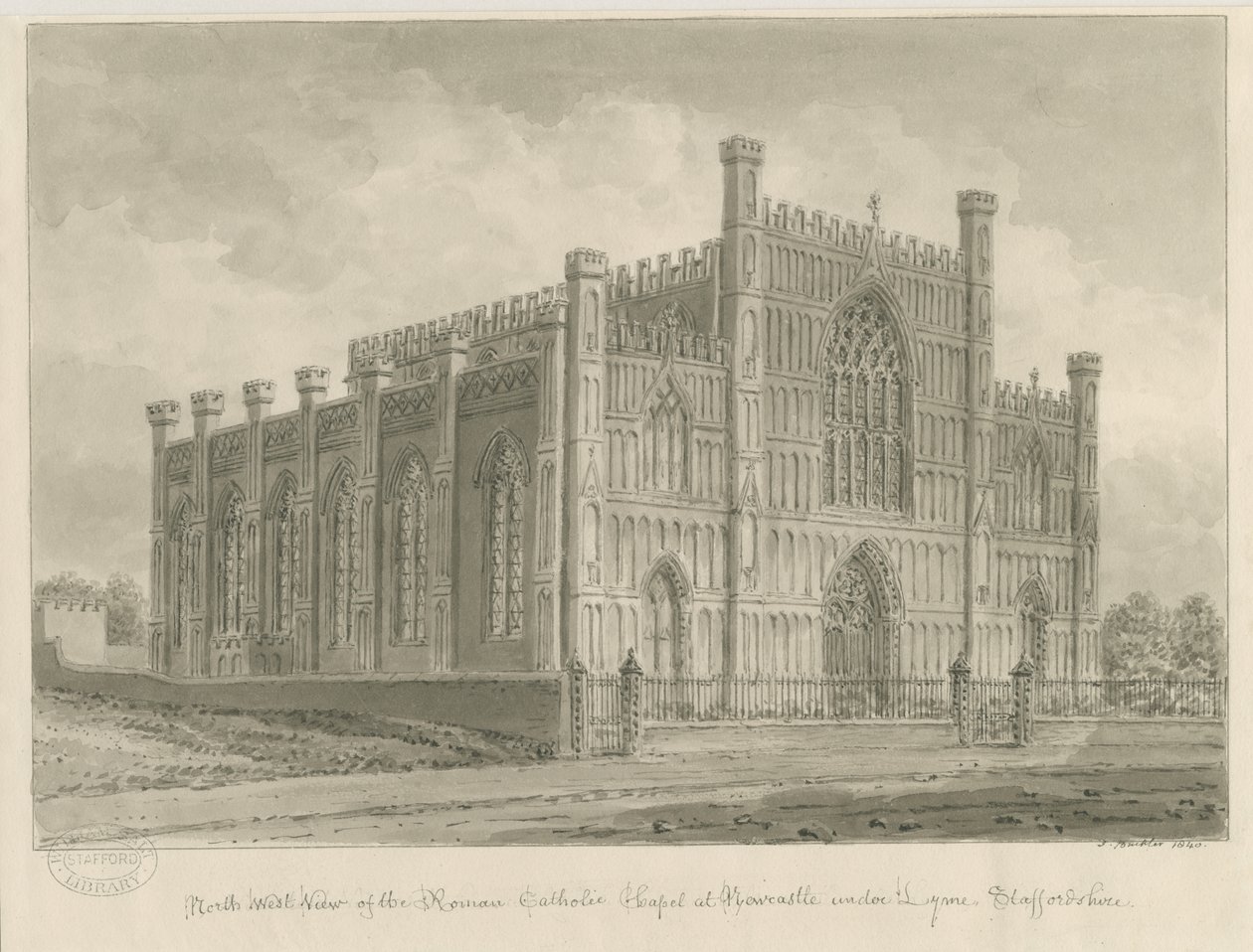 Newcastle-under-Lyme - Roma Katolik Şapeli: sepya yıkama çizimi, 1840 by John Buckler