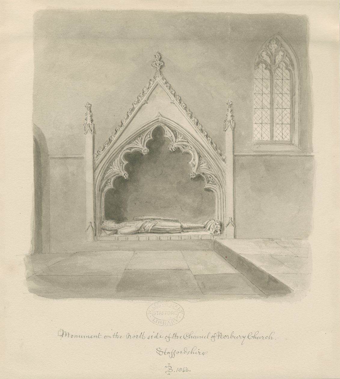 Norbury Kilisesi - Ralph le Boteler Anıtı: sepya yıkama çizimi, 1843 by John Buckler