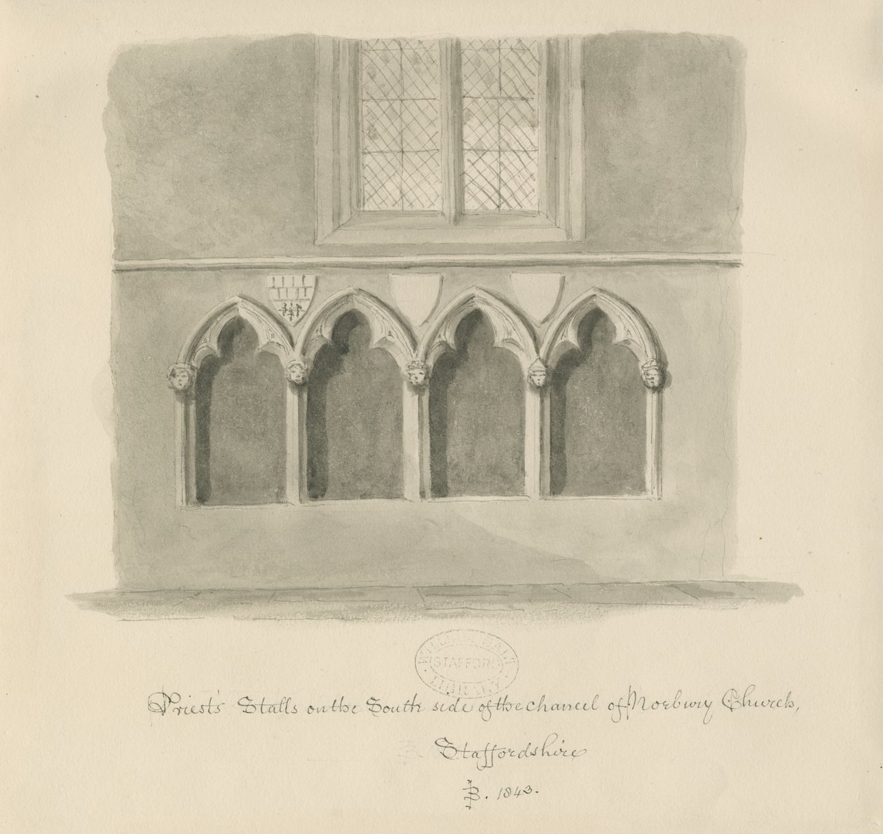Norbury Kilisesi - Rahipler" tezgahları: sepya yıkama çizimi, 1843 by John Buckler