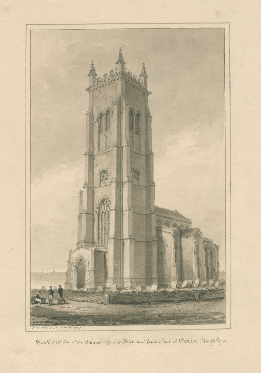Norfolk - Cromer - St. Peter ve St. Paul Kilisesi: sepya çizimi, 1847 by John Buckler