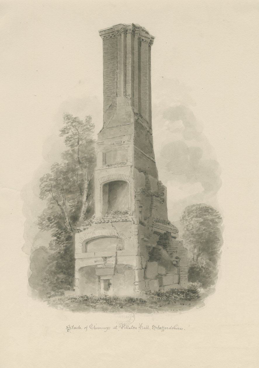 Pillaton Hall - Mutfak Bacası: sepya çizimi (vinyetli), nd [1841] (çizim) by John Buckler
