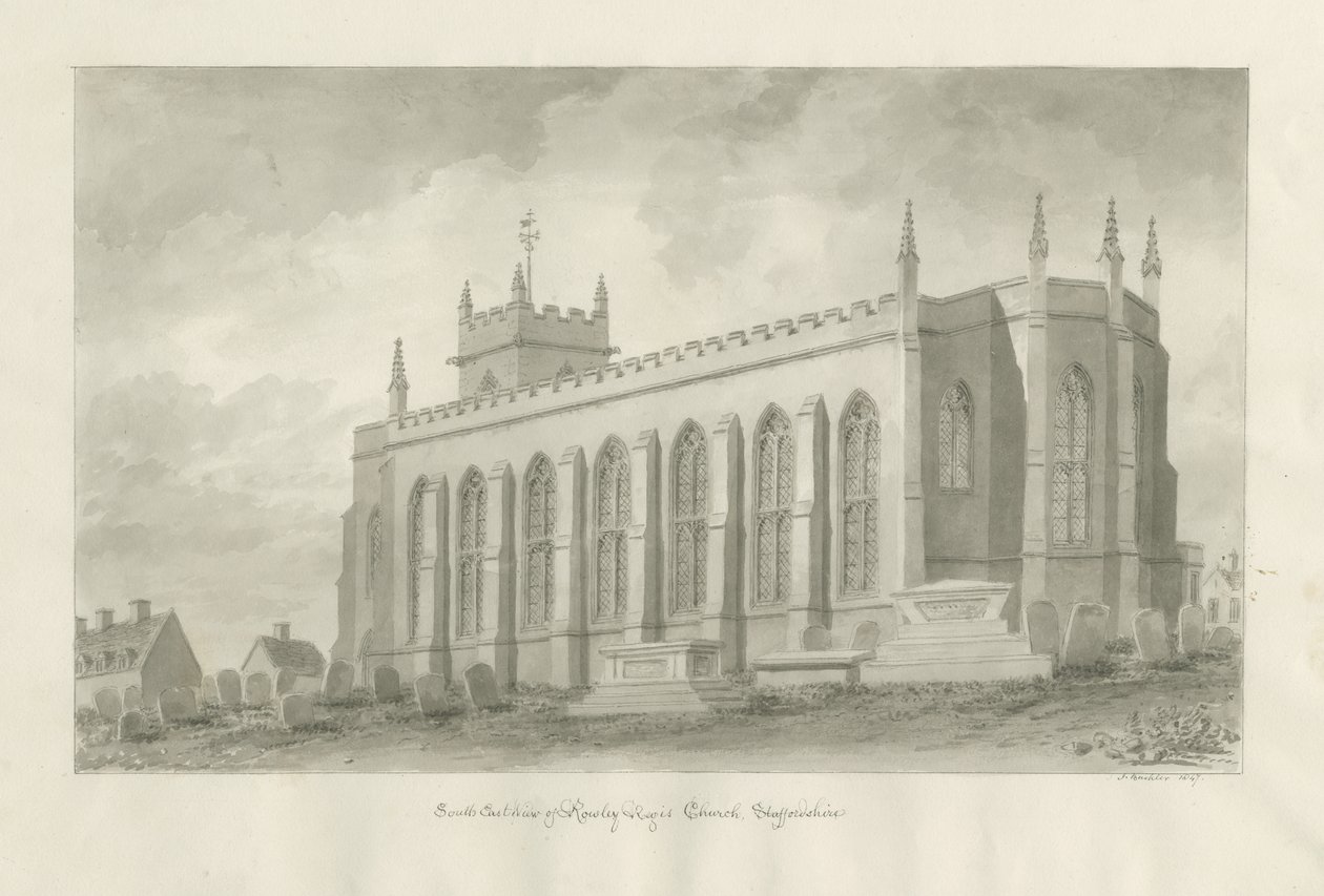 Rowley Regis Kilisesi: sepya çizimi, 1847 by John Buckler
