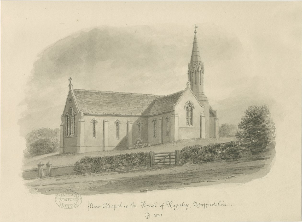 Rugeley - Brereton Şapeli: [St. Michael Kilisesi, Brereton] sepya yıkama çizimi, 1841 by John Buckler