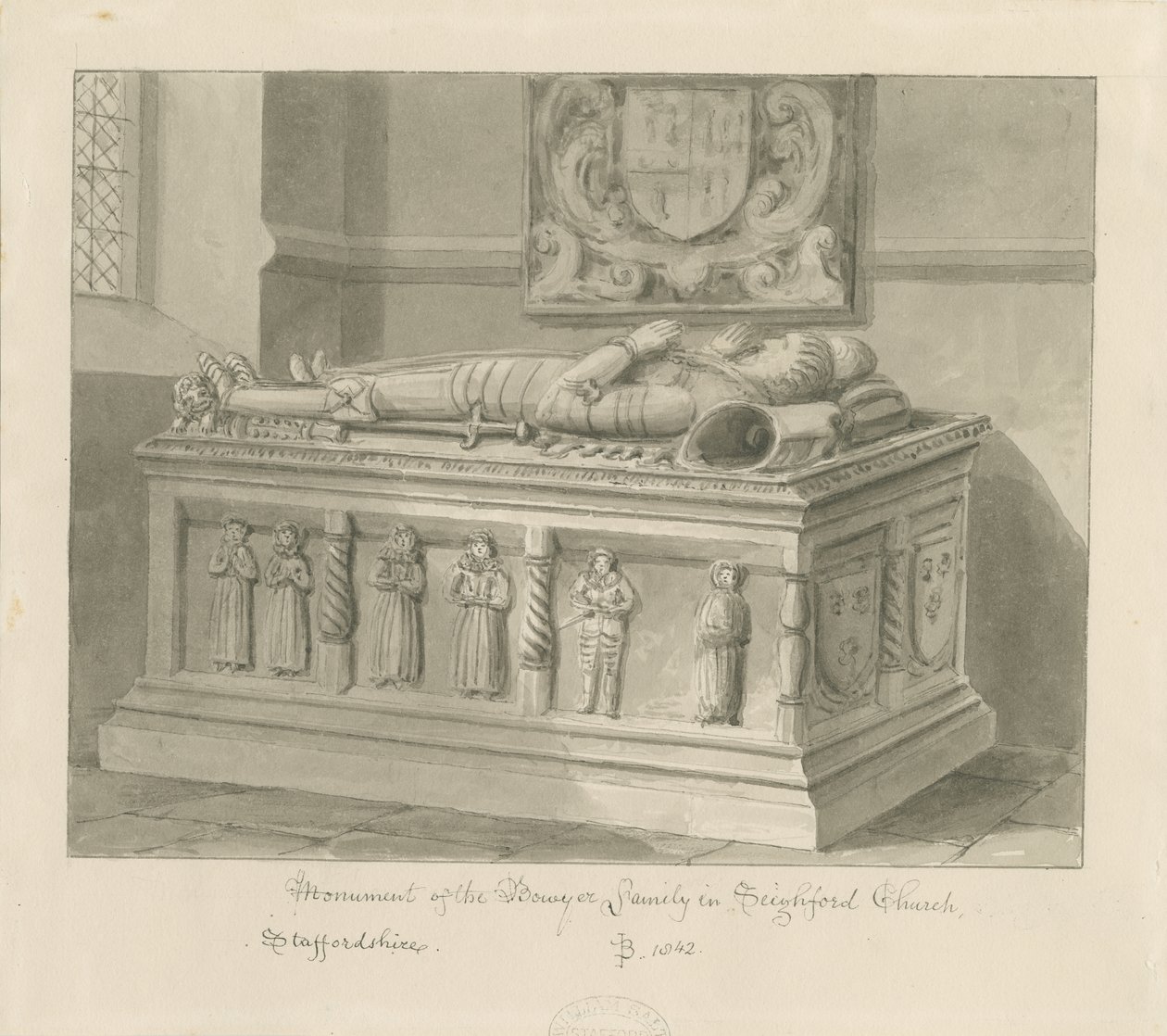 Seighford Kilisesi - William ve Mercy Bowyer Mezarı: sepya yıkama çizimi, 1842 by John Buckler