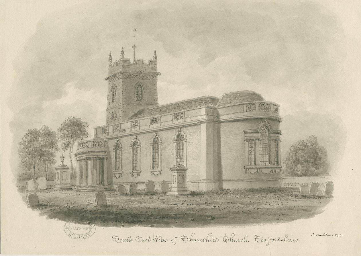 Shareshill Kilisesi: sepya çizimi, 1843 by John Buckler