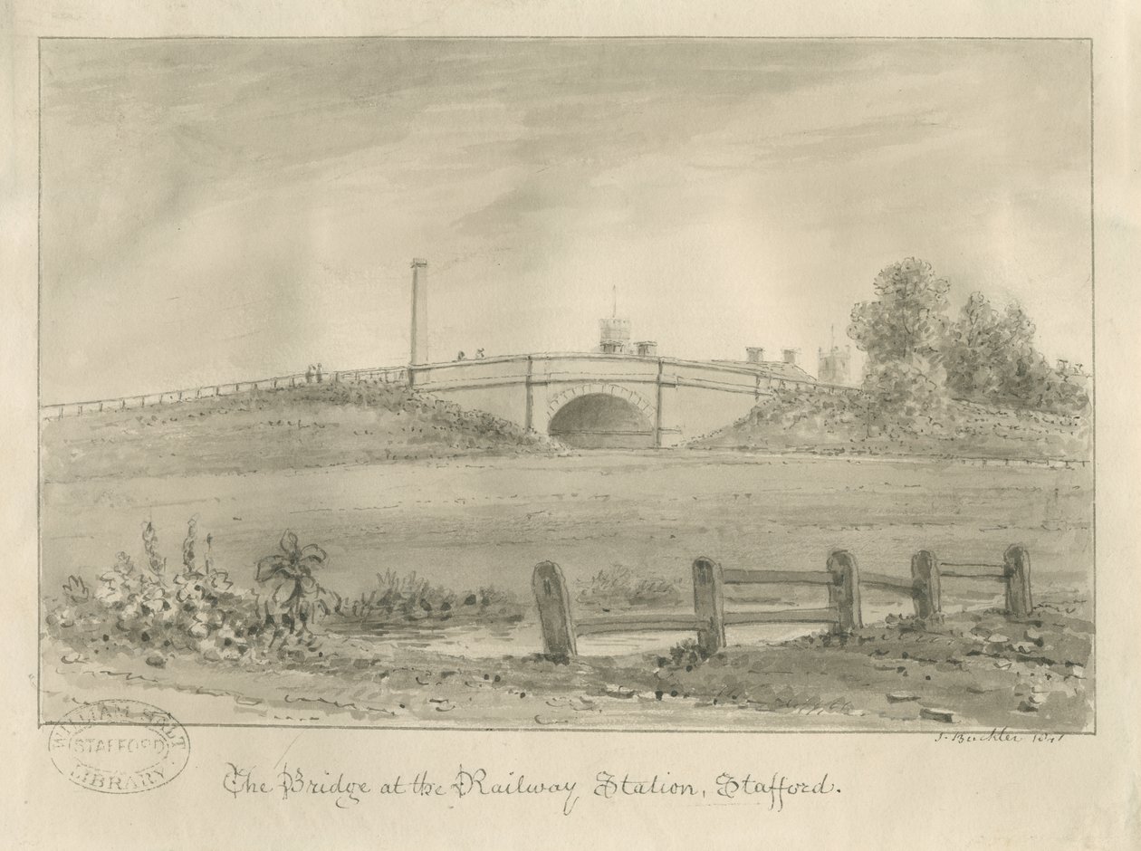 Stafford - Tren İstasyonunda Köprü: sepya çizimi, 1841 by John Buckler